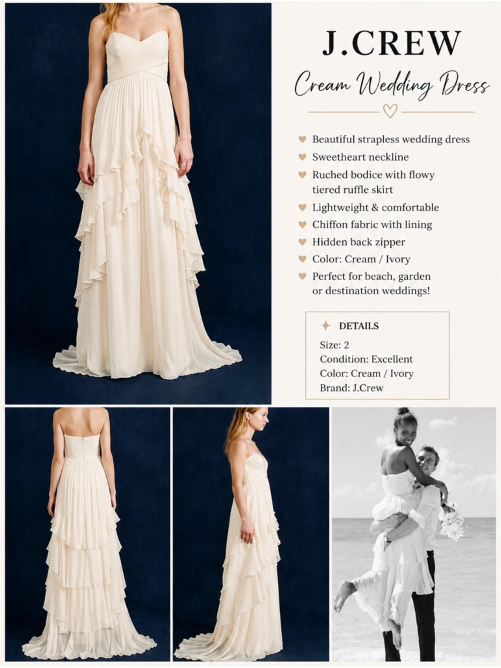 J. Crew Cream bridal wedding event gala beach Strapless Ruffled Maxi Dress 2